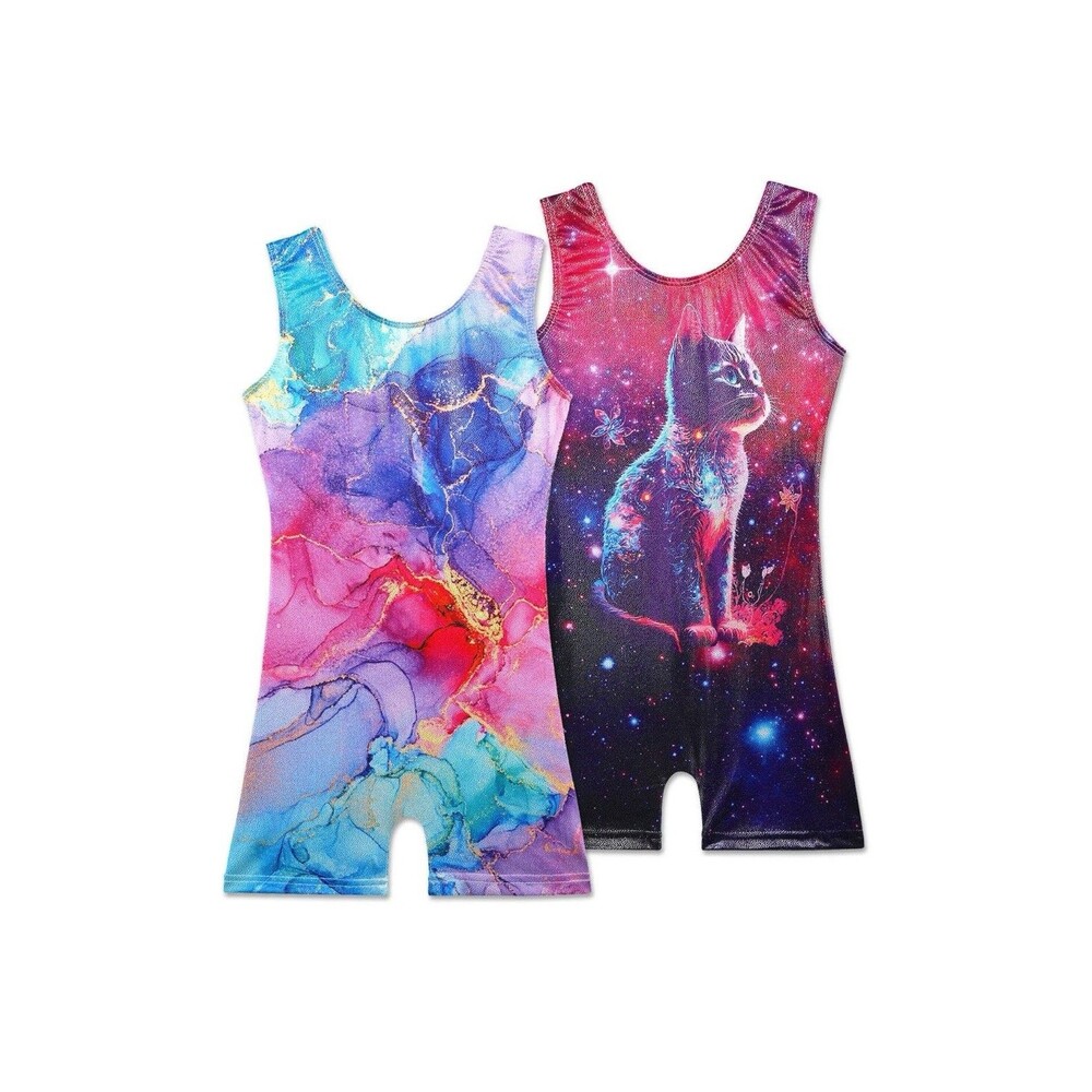 2 Pack Leotard for Girls Gymnastics Sparkly Tumbling Unitard Shorts Galaxy Cat